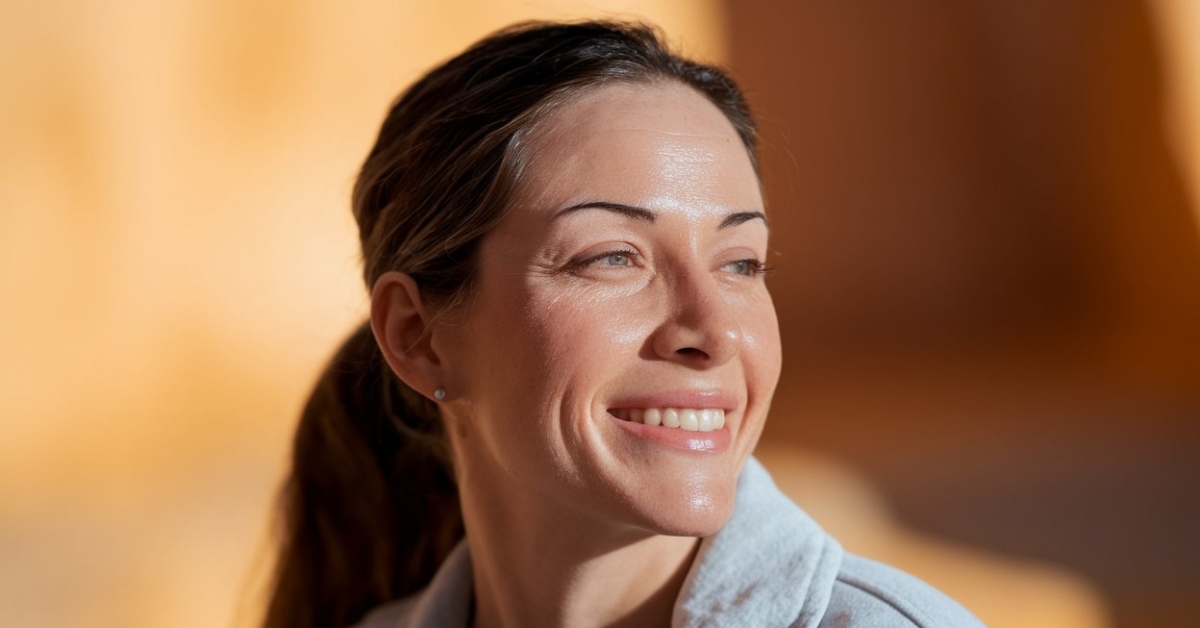 Portrait of a smiling woman with dark hair in a low ponytail, wearing a light blue robe, warm blurred background.