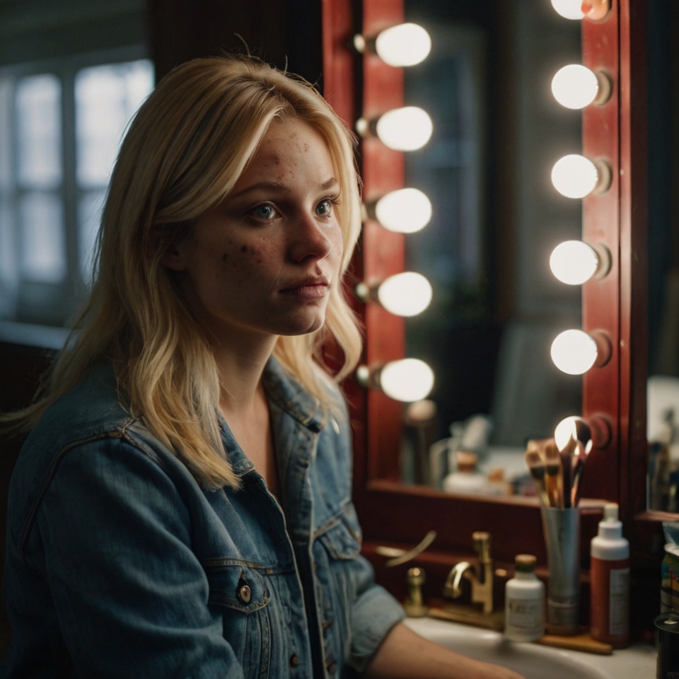 A young woman in a denim jacket with visible acne on her cheek and forehead sits before a lit vanity mirror with makeup brushes.