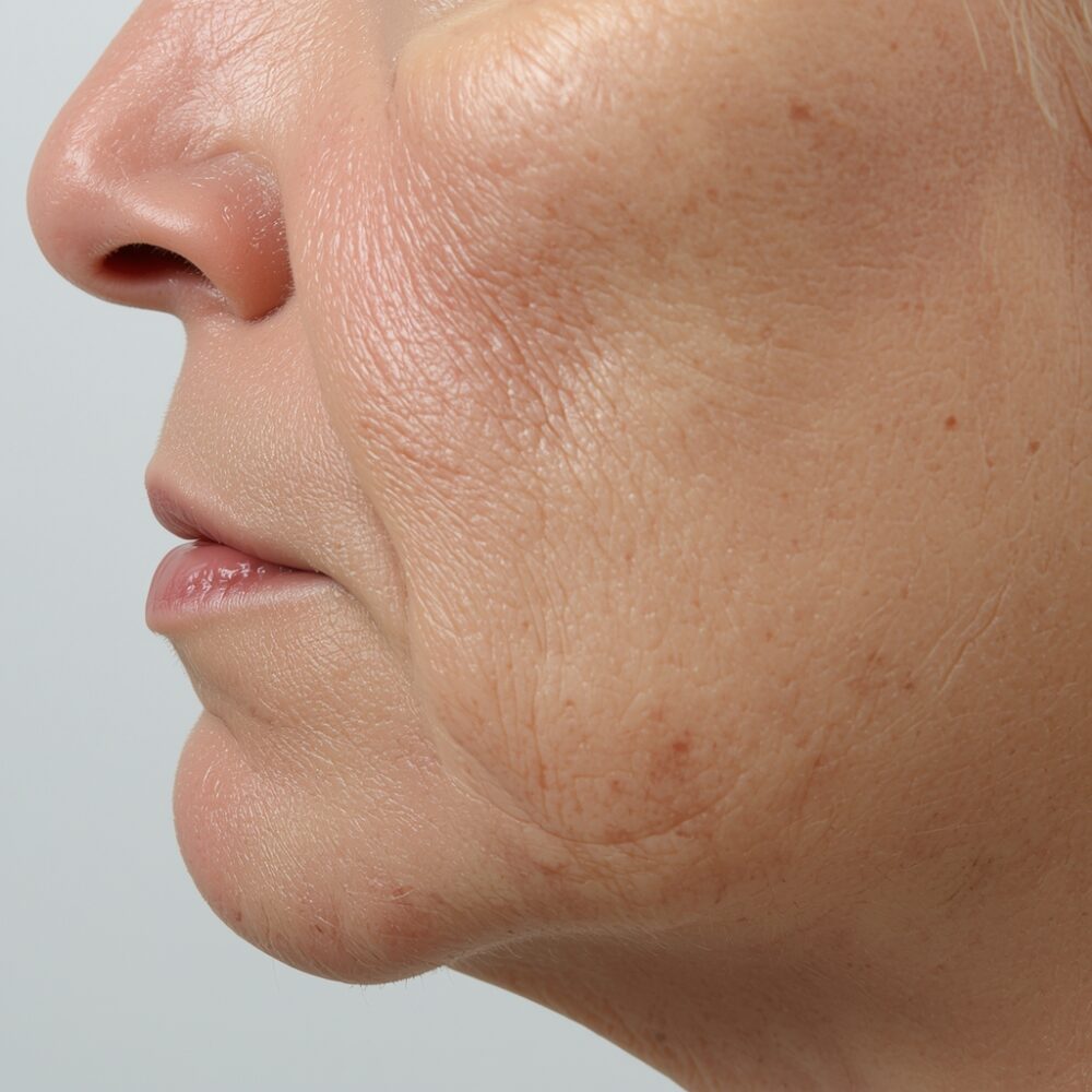 Side profile close-up of a woman's cheek, nose, lips and jaw against a plain light background, showing visible skin texture and fine lines.