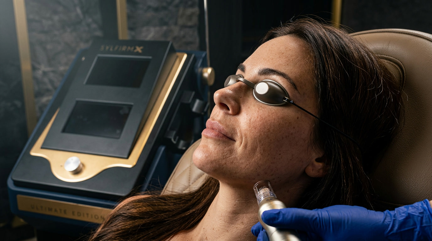 Client reclined in a treatment chair wearing eye shields while a gloved provider guides a Sylfirm X radiofrequency microneedling handpiece along the jawline at Catara Med Spa in Algonquin, IL.
