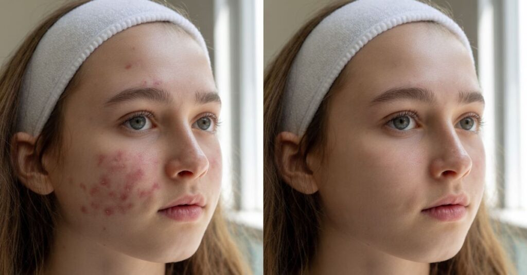 Before and after results of a basic facial for teens at Catara Med Spa, showing reduced acne and smoother, clearer skin.