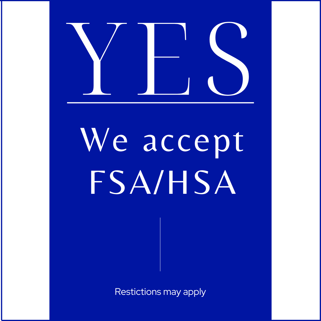 Blue graphic reading Yes, we accept FSA/HSA, with smaller text below reading restrictions may apply.