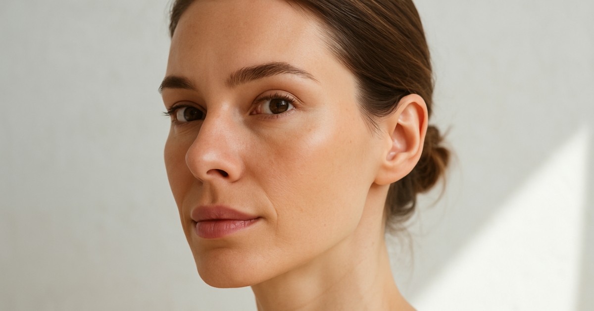 Close up of a woman's face and neck against a plain light gray background, no treatment or tool visible.