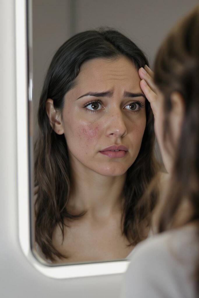 Woman with visible cystic acne and redness on cheek looking in mirror, showing inflamed skin condition.