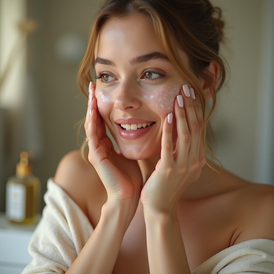 Smiling woman applies a shimmering white scrub to her cheek with her fingers, an amber bottle on the counter behind her.