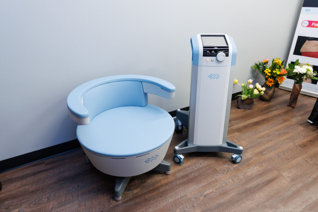 BTL Emsella chair and control unit at Catara Med Spa in Algonquin, IL for pelvic floor therapy and incontinence treatment.