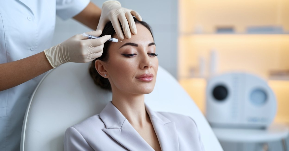 Woman in a blazer reclined in a treatment chair, eyes closed, as gloved hands bring a syringe toward her forehead.