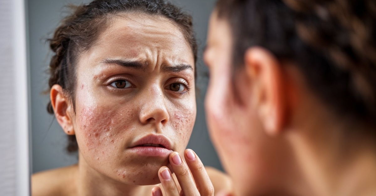 Woman with visible acne on her cheeks touches her face with a worried expression while looking in a mirror.