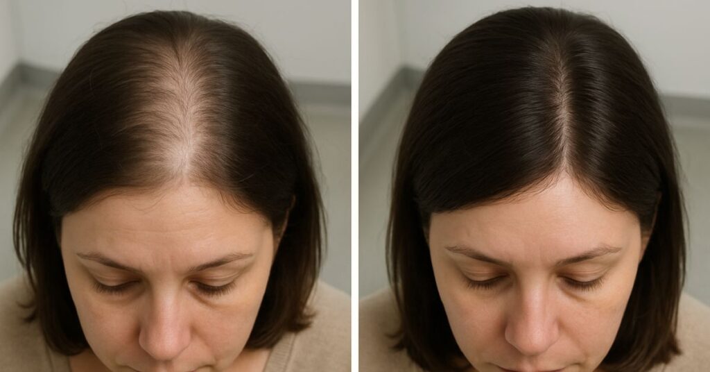 Before and after Keravive hair treatment at Catara Med Spa showing fuller, healthier hair.