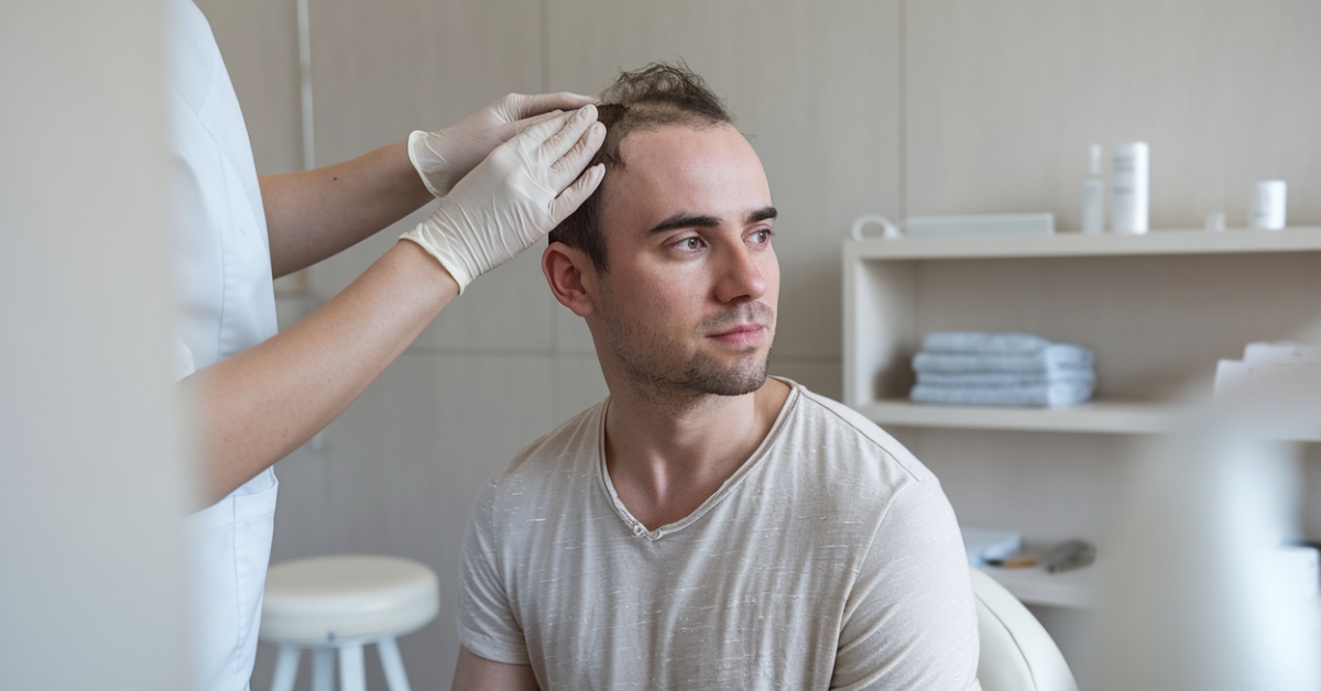 Gloved hand examining a client's thinning hairline and crown during a Keravive scalp treatment consultation at Catara Med Spa in Algonquin, IL.