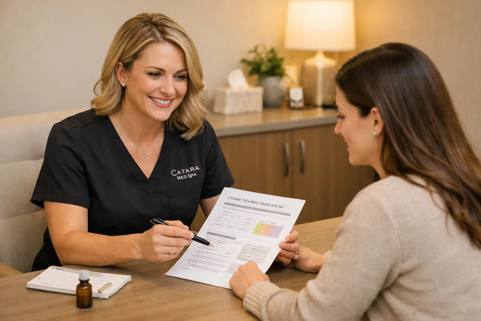 Nurse practitioner reviewing a weight loss treatment plan with a patient at a medical spa in Algonquin, IL.