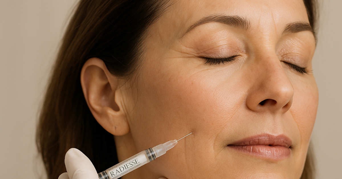 Gloved hand holding a syringe labeled Radiesse against a woman's cheek before a dermal filler treatment at Catara Med Spa in Algonquin, IL.