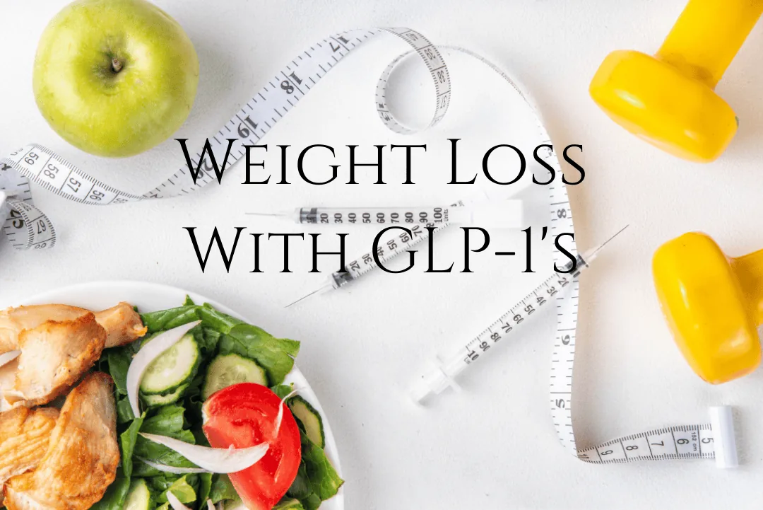 Wide crop of a graphic reading "Weight Loss With GLP-1's" over an apple, tape measure, syringes, and yellow dumbbells.