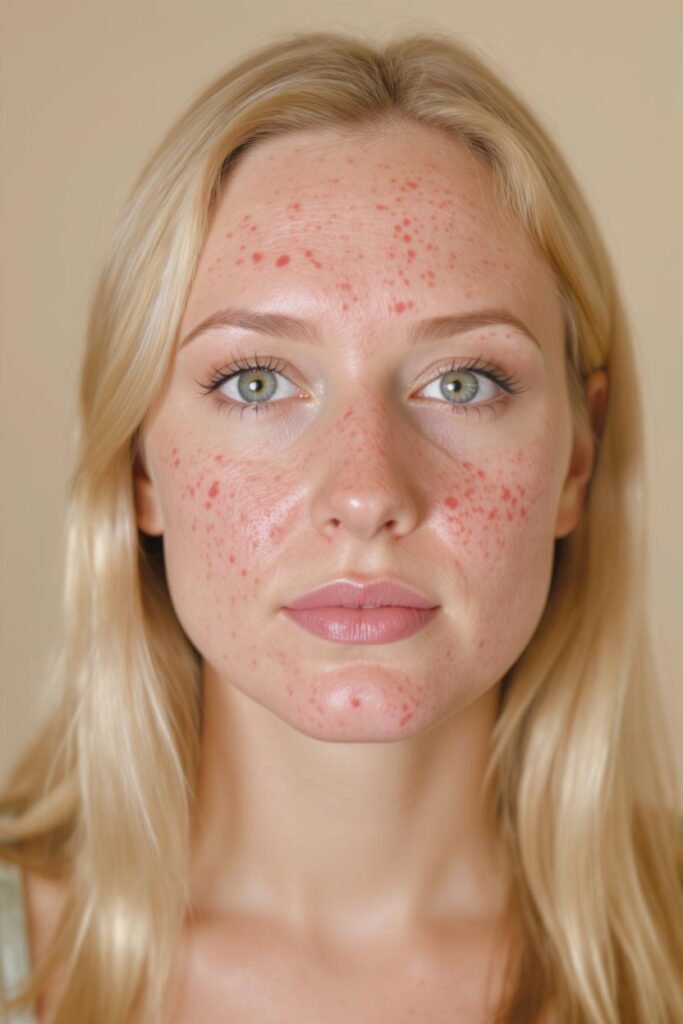 Person with long blonde hair facing the camera, small red spots across the forehead, cheeks, nose and chin