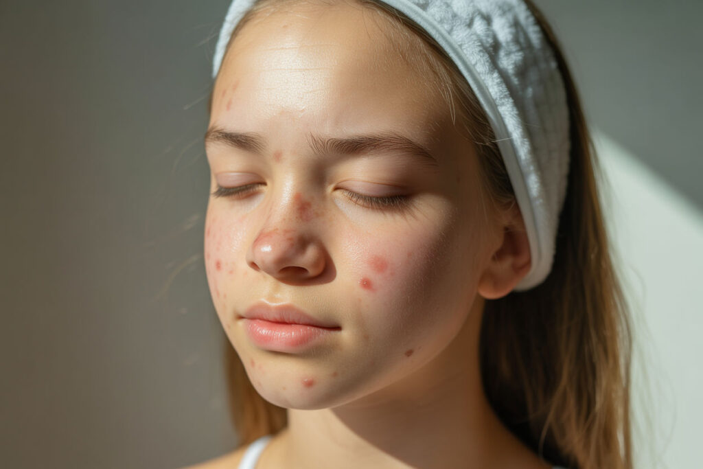 Close-up of a person wearing a white headband, eyes closed, with small red spots on the forehead, cheeks and chin