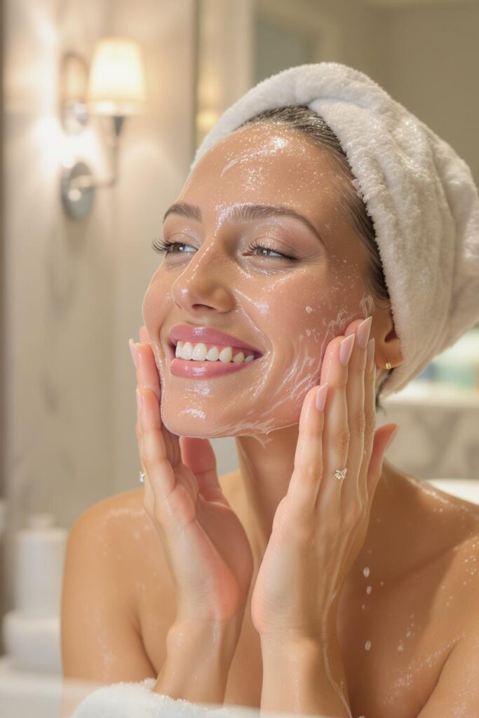 Smiling person with hair wrapped in a white towel, both hands on their cheeks, white foam across their face