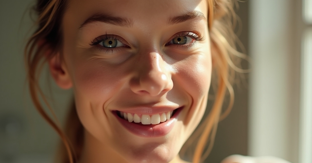Close-up portrait of a smiling woman with her hair pulled back, lit by daylight from a window beside her.